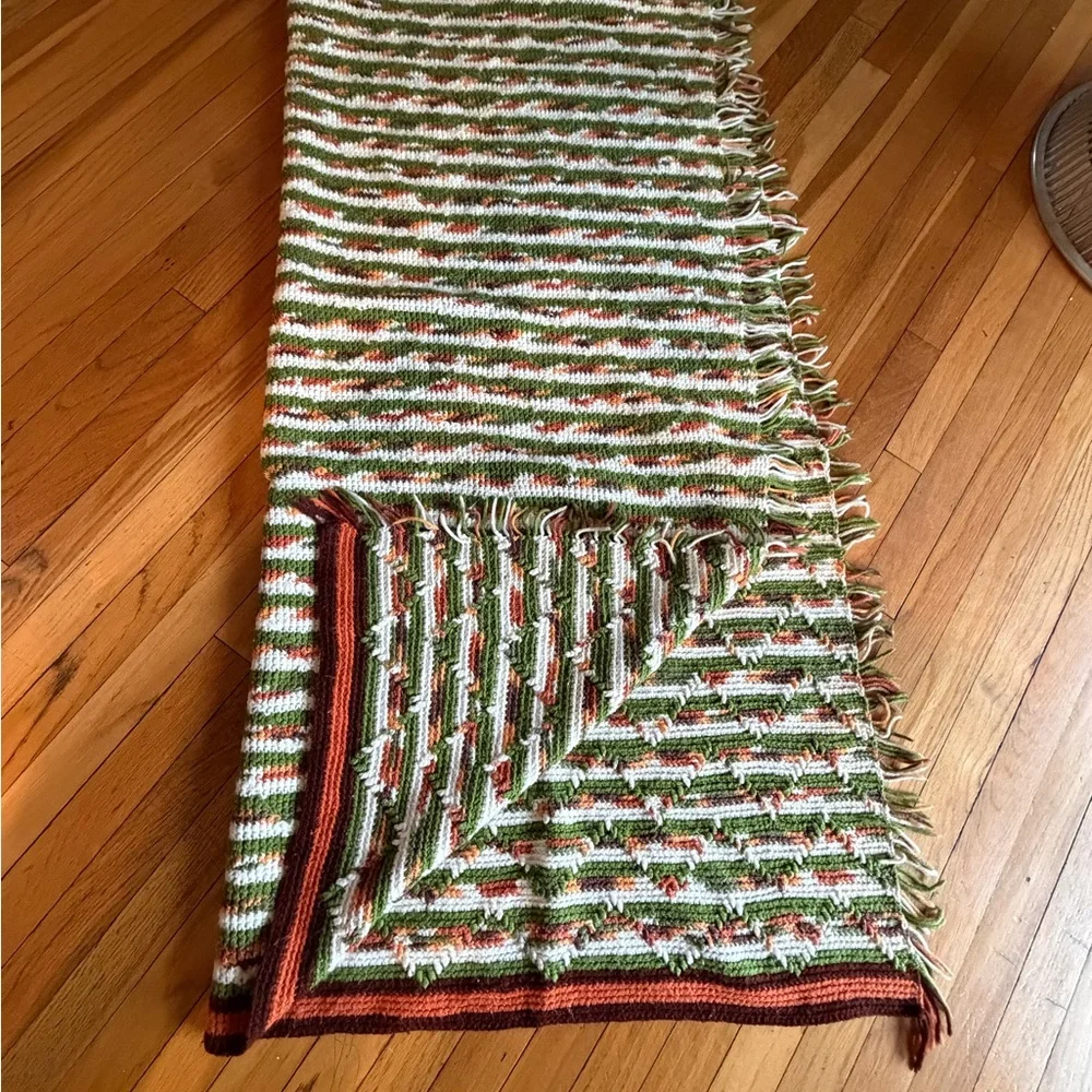 Handmade Cozy Striped Crochet Throw Blanket Green Orange &White 64” x 54” MCM
